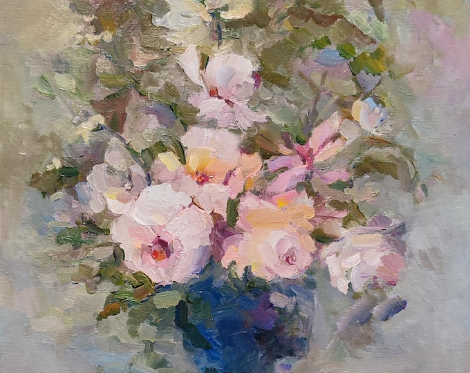 Roses Oil Painting on Canvas, Original Floral Oil Painting, Impressionist Painting, Floral Still Life, Bouquet Painting, Impressionistic Art