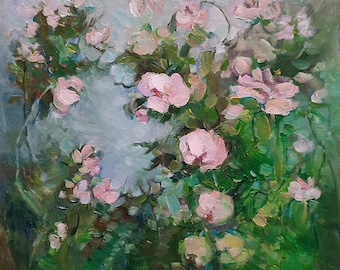 Original Oil Painting Pink Rose Garden, Shabby Chic Decor Blush Pink Green, Romantic Gift 12x12inch