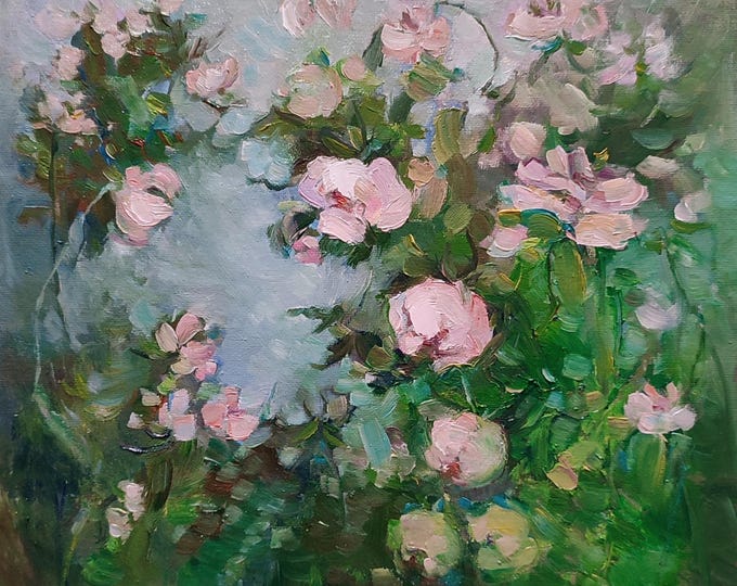 Original Oil Painting Pink Rose Garden, Shabby Chic Decor Blush Pink Green, Romantic Gift 12x12inch