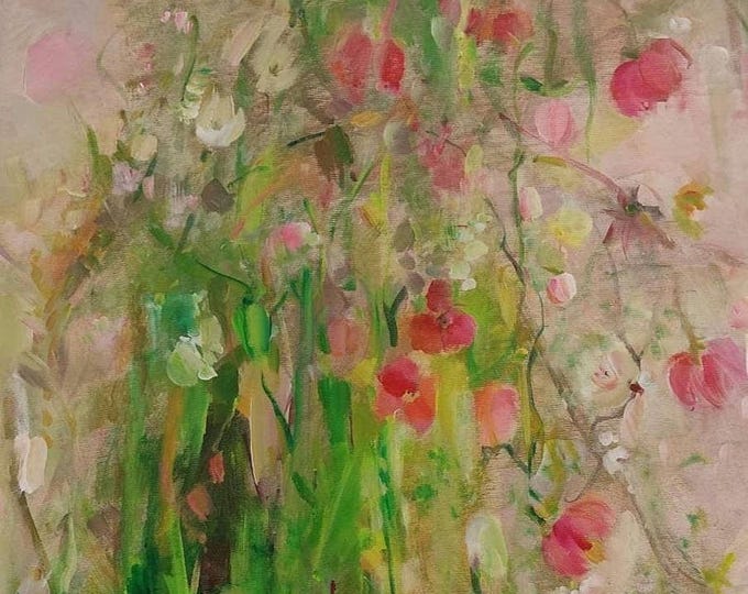 Extra Large Wall Art Abstract Acrylic Painting Original Castom Artwork "Flowering grass and wild rosehip" 32×32inch.