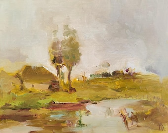 Original Oil Painting Landscape Field Trees, Rustic Impressionistic Art 10x8 inch