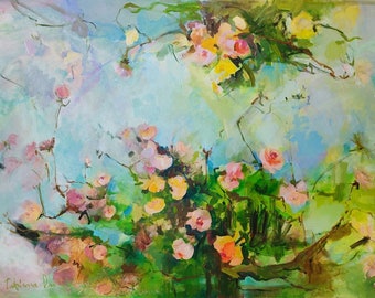 Oversized Floral Painting, Abstract Roses, Original Acrylic Canvas Art Blue Green Pink (50x36 inches)