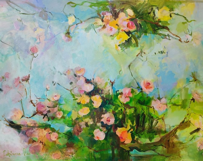 Oversized Floral Painting, Abstract Roses, Original Acrylic Canvas Art Blue Green Pink (50x36 inches)