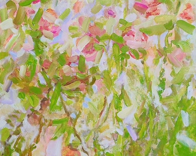 Narrow Wall Art Ovresized Original Abstract Floral Painting Pink Green Blooming Flowers Long Handpainted Canvas 38x22 inch.