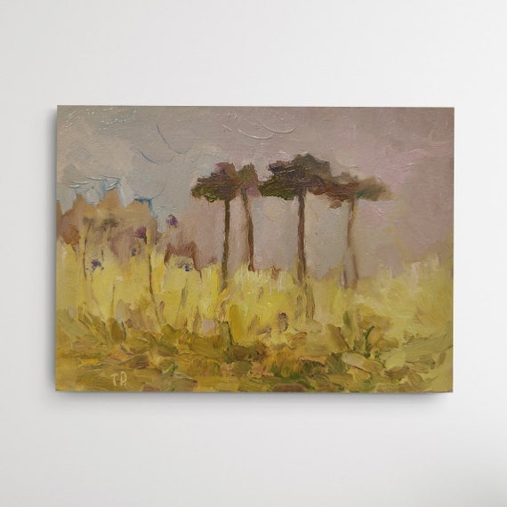 Original Oil Painting, Tiny Painting Landscape, Countryside Painting, Pine Tree Painting, French Rustic Oil Painting, Small Presents 4.5x7"