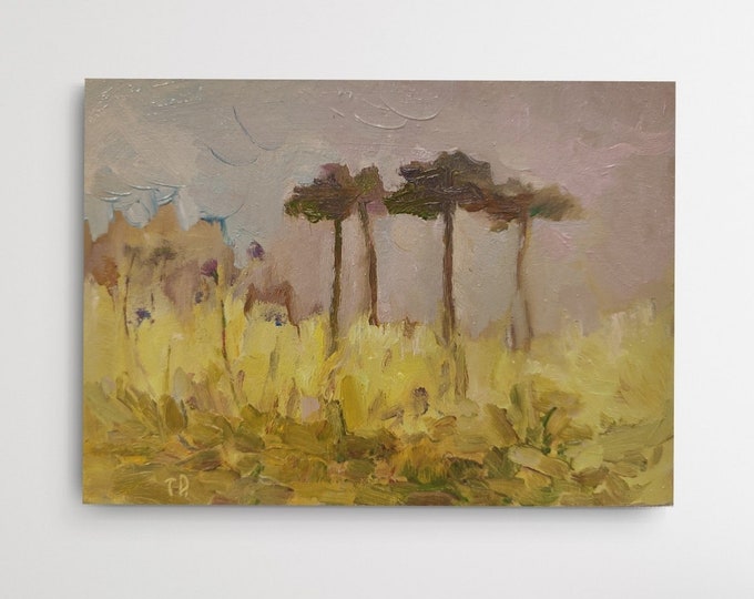 Original Oil Painting: Rustic Forest Landscape, Pine Trees, Autumn Field (4.5x7 inches)