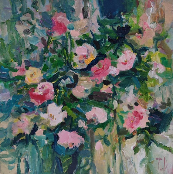 Floral Oil Painting on Canvas, Original Roses Oil Painting. Abstract Rose Garden Painting, Impressionist Painting Dark Green Pink 12×12 inch