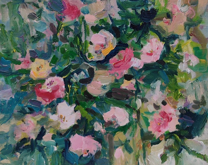 DDP to US, Original Rose Oil Painting Abstract Floral Blooming Roses Secret Garden Painting Green Pink (12x12 inch)
