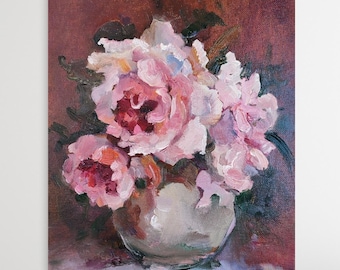 Original Rose Oil Painting, Roses Bouquet Antique Style Floral Still Life 12x9.5 inches