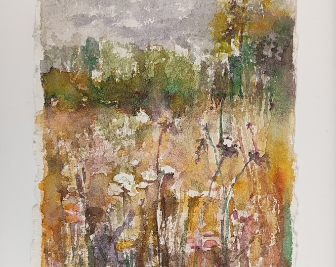 Small Watercolor ORIGINAL Meadow Painting Tiny  Autumnal Home Decor, Field Wildflower Mustard Wall Art.