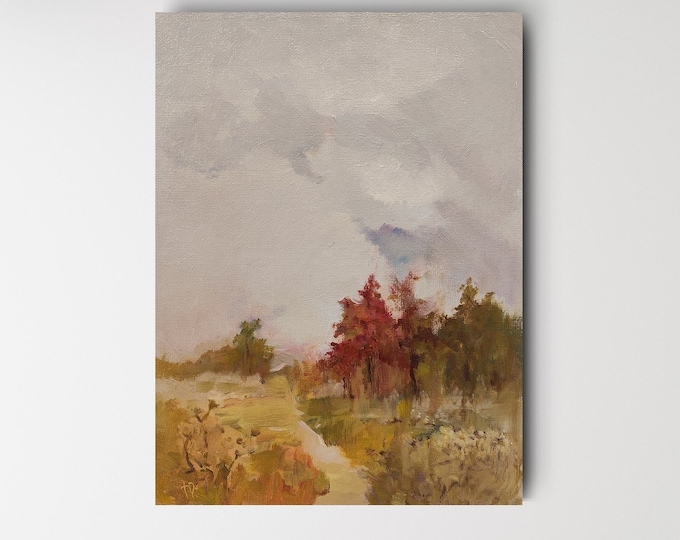 Landscape Wall Art, Autumnal Home Decor, Original Oil Painting Red Yellow Ochre Autumn Nature Landscape: 9.5x7 inch