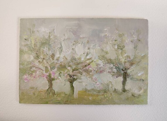 Tiny Painting, Original Painting, Mini Oil Painting Spring Garden Apple Tree Painting. Small Presents and Gifts for Your Best Friend 4x6inch