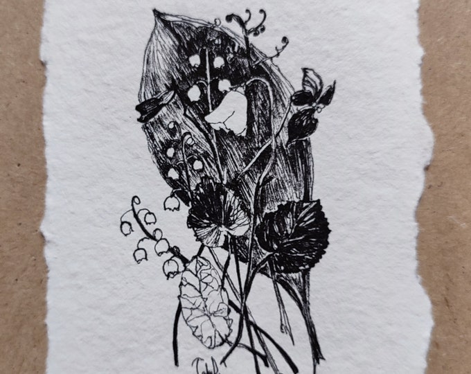 Original Ink Drawing Wildflowers: Meadow Botanical Sketch May Birth Flowers Handmade Drawn