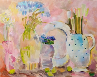 Oversized Floral Still Life Painting: Blush Pink Modern Art (36x50 inch)