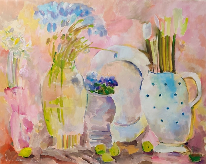 Oversized Floral Still Life Painting: Blush Pink Modern Art (36x50 inch)