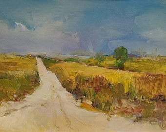 Field Path, Oil Paintings Original Art Work, Rustic Wall Art, Farm Painting Countryside 6×8 inches
