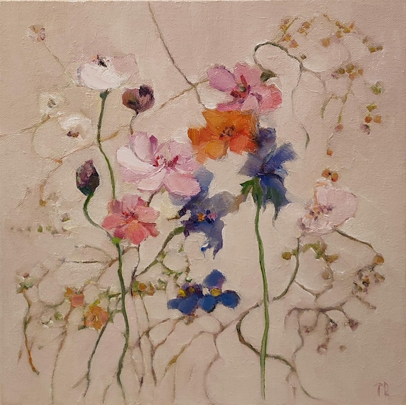Meadow Painting, Original Oil Painting on Canvas, Floral Landscape, Abstract Floral Painting, Floral Oil Painting, ArtduStudio 12x12 inches