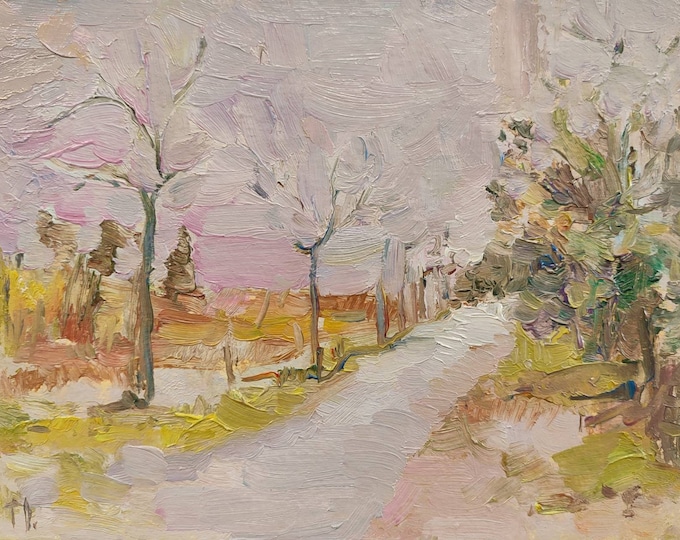 DDP to US, The Way, Original Oil Paintings Rural, Village Road Pink Landscape Countryside Painting Path 6x8 inch