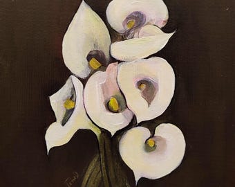Original Painting Bouquet Night Lily Flower, Dark Floral Cottagecore Decor 8x11 inch.