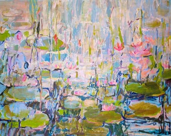 Oversized Wall Art: Large Abstract Original Painting Expressive Style Water Lily Pond (60x36 inch)