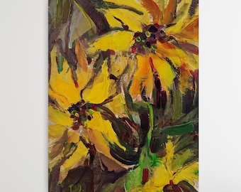 Sunflower Painting Wildflower Art Original Hand Painted Artwork Dark Green Orange 6x8 inch