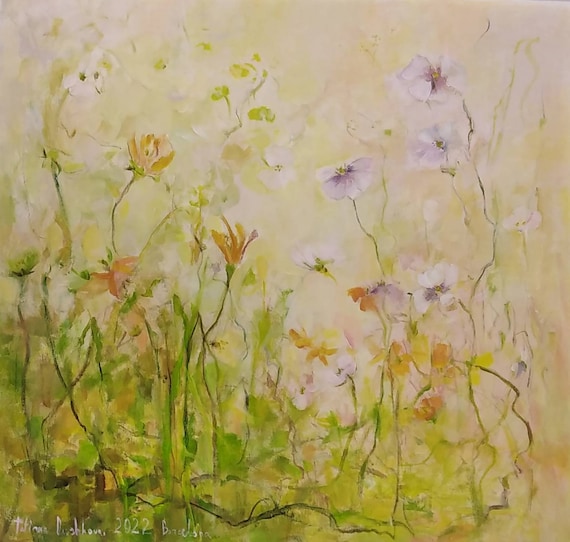 Oversized Paintings, Large Painting, Original Large Canvas Art, Modern Expensive Painting, Abstract Floral Painting Yellow Green 33x35 inch