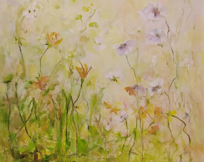 Oversized Poppy Meadow Painting, Abstract Floral Canvas Art (33x35 inch)