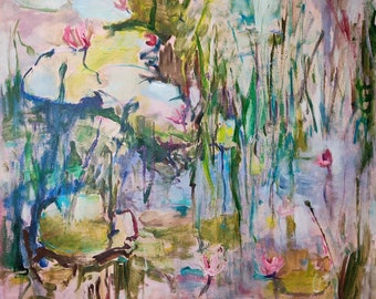 Original Abstract Water Lily Painting, Large Acrylic Canvas Art (36x36)