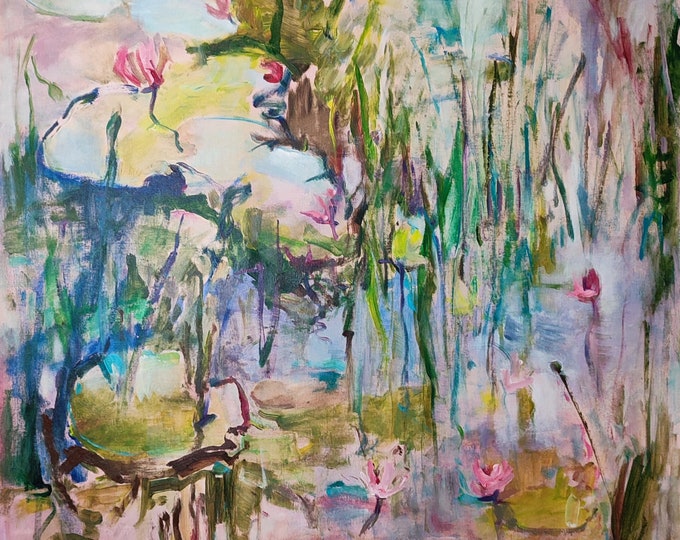 Water Lily Painting Large Abstract Original Art Canvas Oversized, Large Format Art Work (36x36)inches