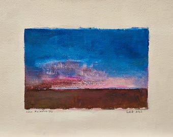 Original Painting Sunset Abstract Minimalist Landscape Blue Brown Pink Artwork, Bestfriend Gift