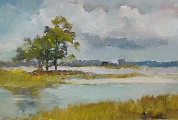Miniature Painting, Tiny Painting, Landscape Nature Clouds Painting, Original Rustic Oil Painting, Lake River Realistic Painting 4x6inch
