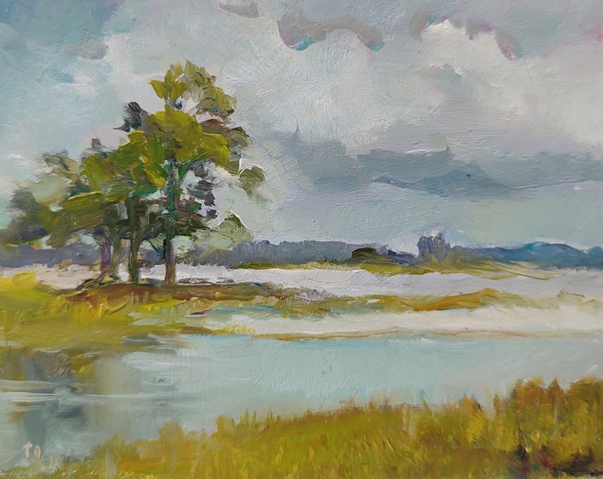 Original Oil Painting 4x6 inches, Blue Green Nature Landscape River Sky Trees
