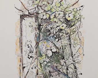 Original Drawing: Floral Landscape Wildflower Garden, Hand Drawn Pencil Pastel Ink Graphic, House Warming Gift
