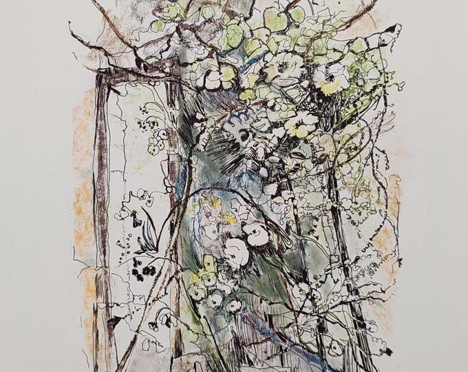 Original Drawing: Floral Landscape Wildflower Garden, Hand Drawn Pencil Pastel Ink Graphic, House Warming Gift
