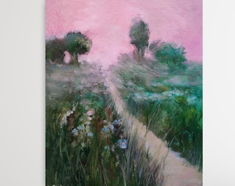 Sunrise Landscape Oil Painting Original Artwork Dark Green Wall Art Rustic Road MeadowPath 8x10 inch