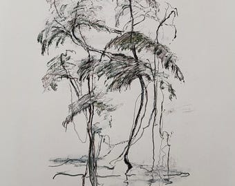 Original Drawing Ink and Charcoal Pencil Sketch Small Presents, Landscape Draw Forest Pastel Pencil