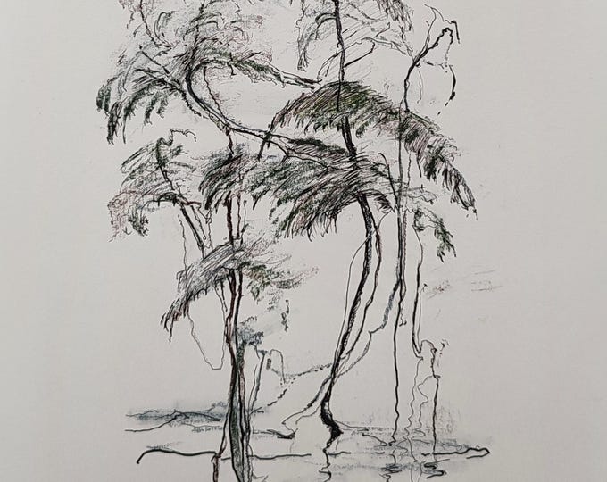 Original Drawing Ink and Charcoal Pencil Sketch Small Presents, Landscape Draw Forest Pastel Pencil