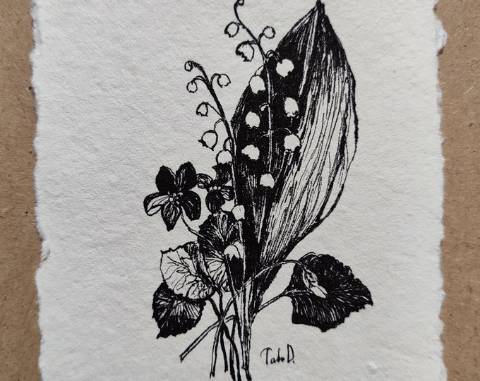 May Birth Flower Original Botanical Sketch Ink Drawing Wildflowers Bluebells Tiny Floral Line Art