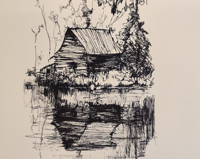 Pen and Ink Drawing Old Barn Lake House Decor Original Artwork Handmade Fine Art