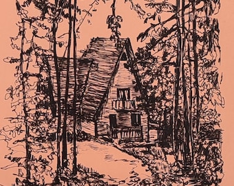 House Drawing: Original Ink Sketch, Autumn Forest Landscape