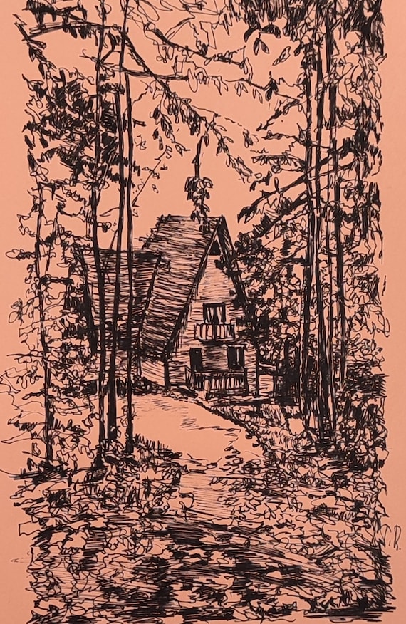 ORIGINAL Ink Pencil Drawing, Autumn Tree, Farm Landscape