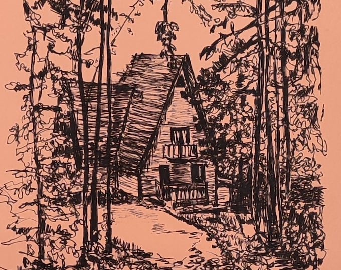 ORIGINAL Ink Pencil Drawing, Autumn Tree, Farm Landscape