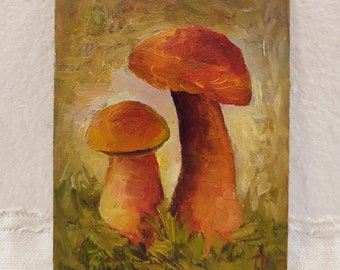 Original King Boletus Mushroom Oil Painting: Autumnal Home Decor (6.5x5 in)