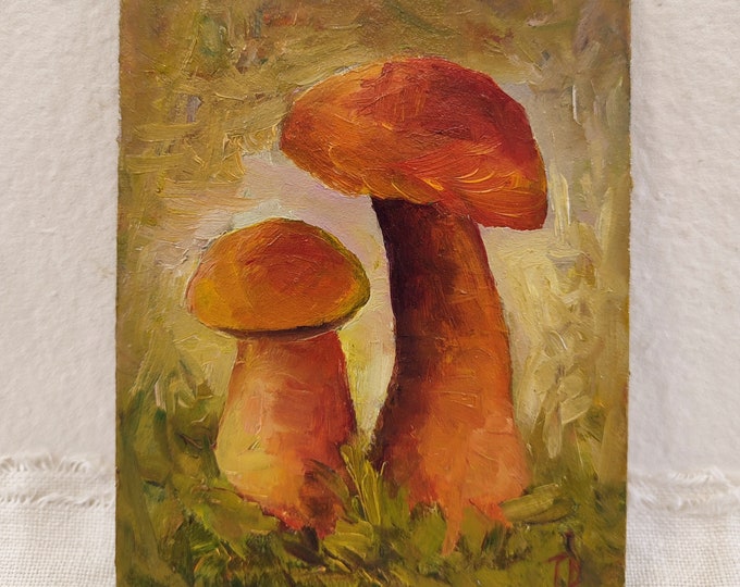 Original King Boletus Mushroom Oil Painting: Autumnal Home Decor (6.5x5 in)