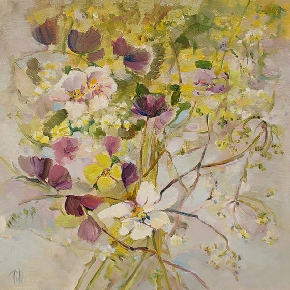 Wildflower Bouquet Original Artwork Floral Meadow Painting. Mustard Wall Art, Semi Abstract Wildflower Painting. Blossom Painting  12x12inch