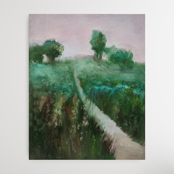 Landscape Oil Painting, Original Painting on Canvas, Green Meadow Countryside Painting, Field Road Painting, Rustic Oil Painting 8x10 inches