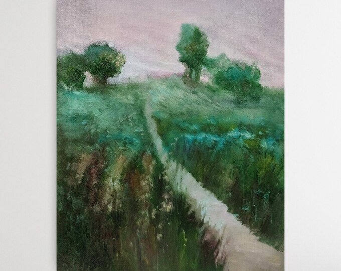 DDP to US, Original Oil Painting Countryside, Dark Green Wall Art Rustic Landscape Road Painting 8x10 inch