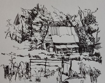 Original Ink Sketch: Farmhouse Barn Landscape, 8x10 ArtduStudio Painting