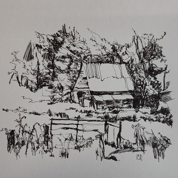 Wall decore farm house, ink drawing. Gifts for your best friend. Original ink sketch, old barn painting, log cabin decor 8x10 in.
