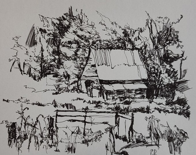 Original Ink Sketch: Farmhouse Barn Landscape, 8x10 ArtduStudio Painting